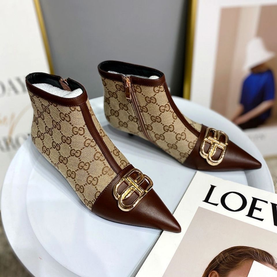 Buckle pointed toe short boots women's Martin boots women's autumn new trendy short tube stiletto boots