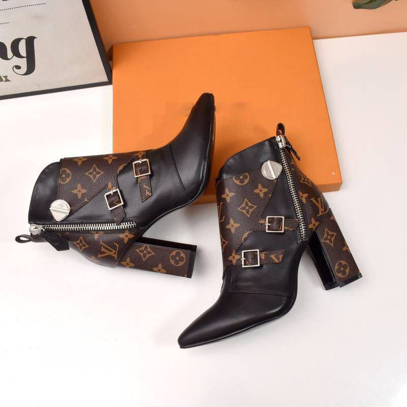 Metal decorative side zipper high-heeled light luxury all-match high-heeled women's short boots