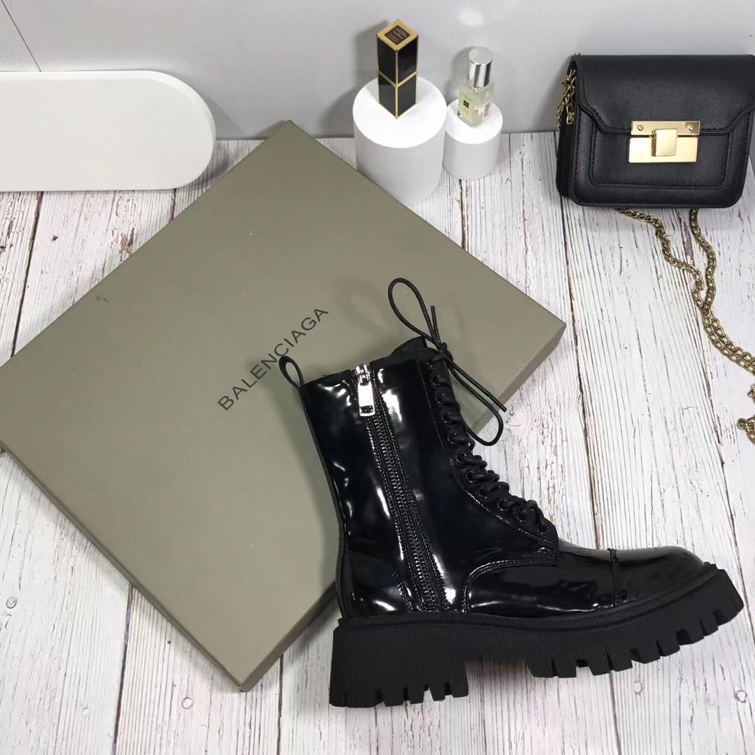 Paris same style leather mid-tube Martin boots women's double-chain thick-soled heightening short boots black handsome motorcycle boots