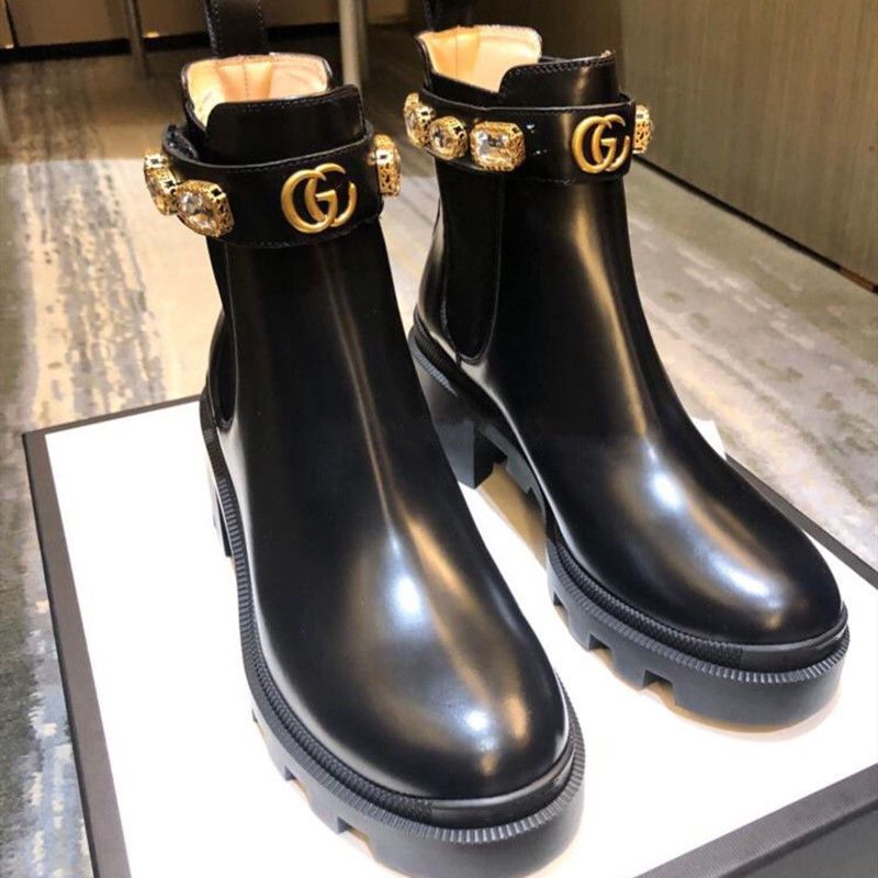 Autumn and winter new rhinestone chain ankle boots women's thick-heeled high-heeled Martin boots thick-soled Velcro plus velvet