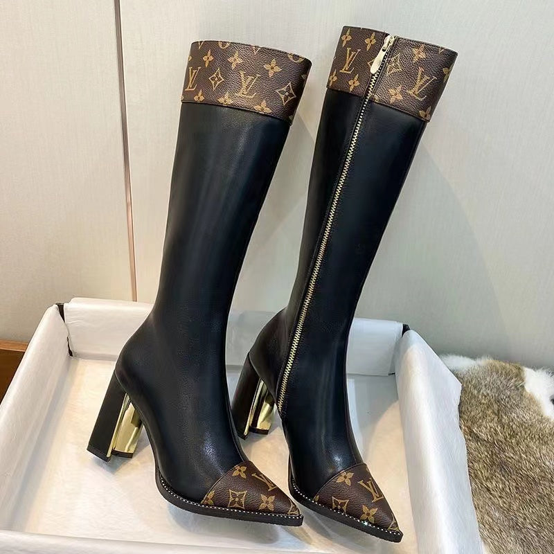 Knight's high boots, light and luxurious coloured prints and chunky heels