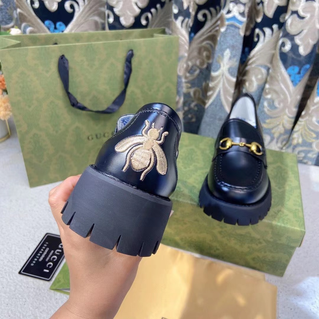 Embroidered bee small thick-soled loafers women's 2023 new horsebit British style French leather shoes