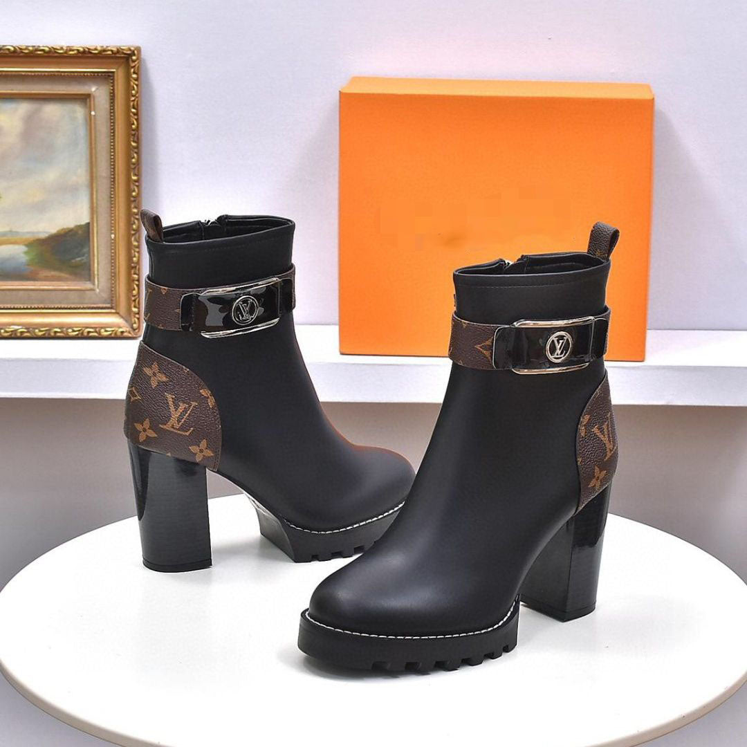New European-style light luxury high-heeled Martin women's short boots waterproof platform metal buckle women's boots