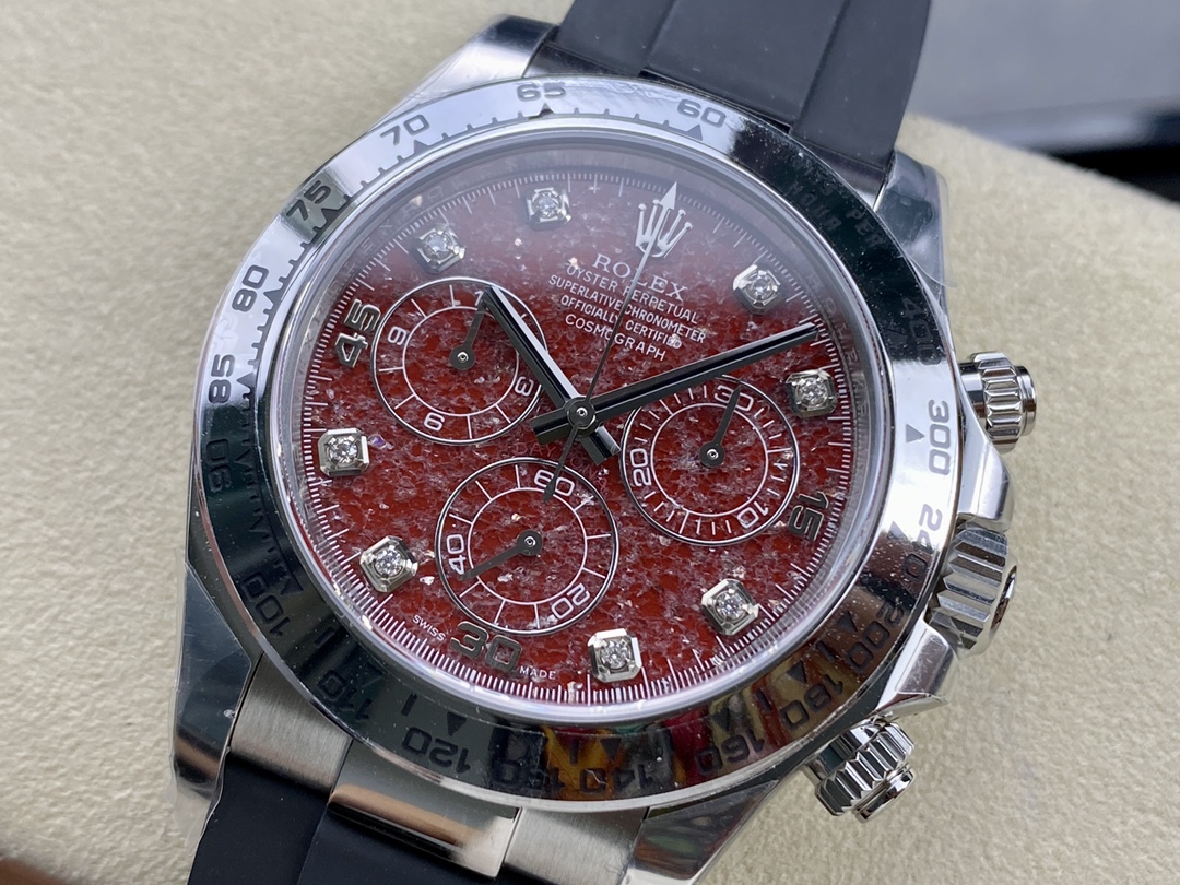 CLEAN Factory Rolex Daytona 116519 40MM White Gold Rubber Strap Diamond Red Dial