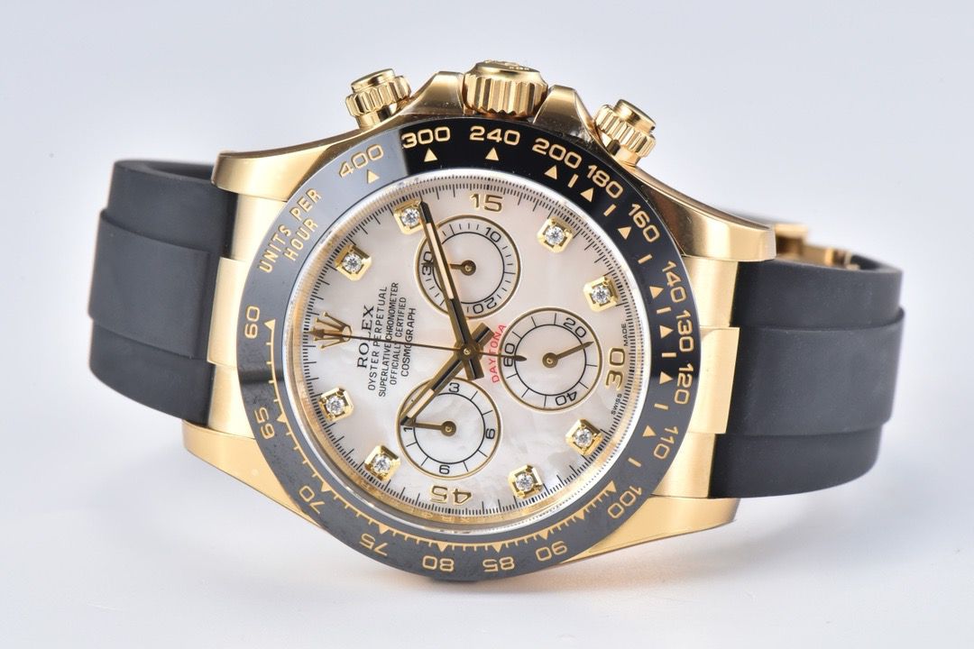 Clean Factory Rolex Daytona 116518LN 40MM Yellow Gold Rubber Strap Diamond Mop Mother Of Pearl Dial