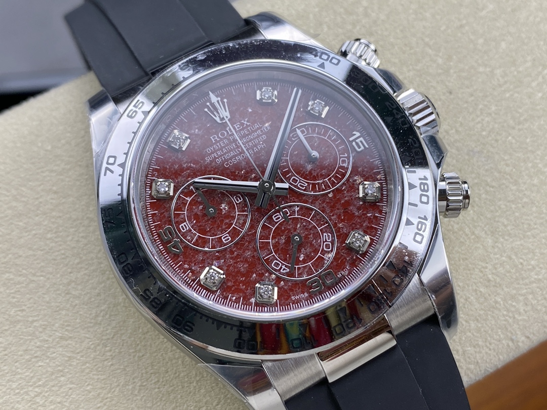 CLEAN Factory Rolex Daytona 116519 40MM White Gold Rubber Strap Diamond Red Dial