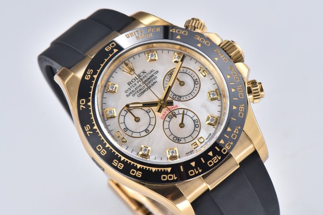 Clean Factory Rolex Daytona 116518LN 40MM Yellow Gold Rubber Strap Diamond Mop Mother Of Pearl Dial