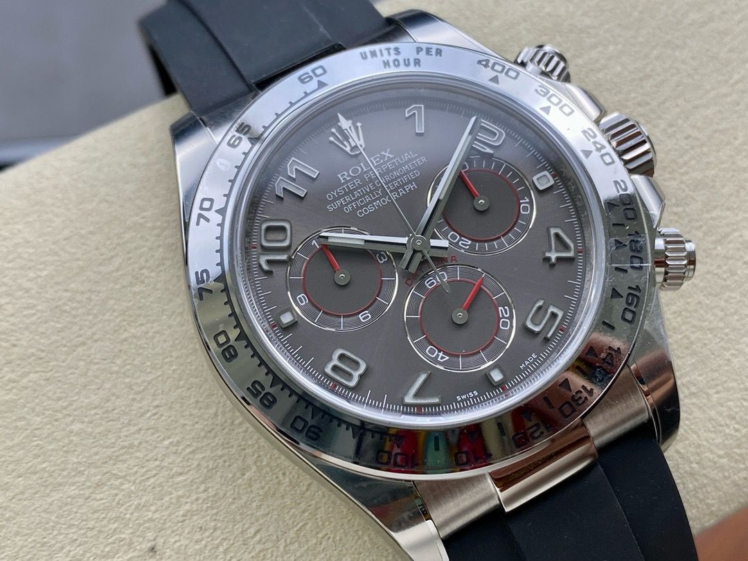 Clean Factory Rolex Daytona 116519LN 40MM White Gold Rubber Strap Arab Number Racing Grey Dial