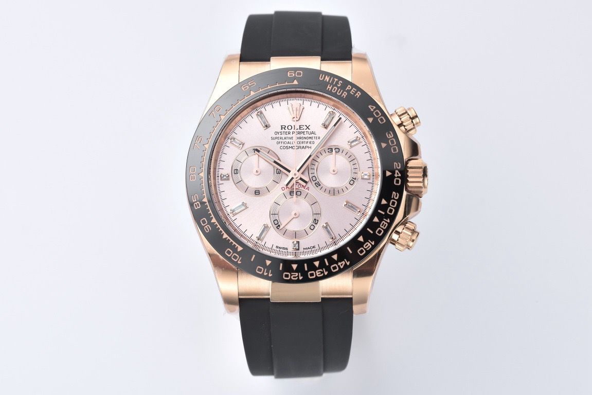 Clean Factory Rolex Daytona 116515LN-0006 40MM Rose Gold Rubber Strap Baguette Diamond Pink Dial