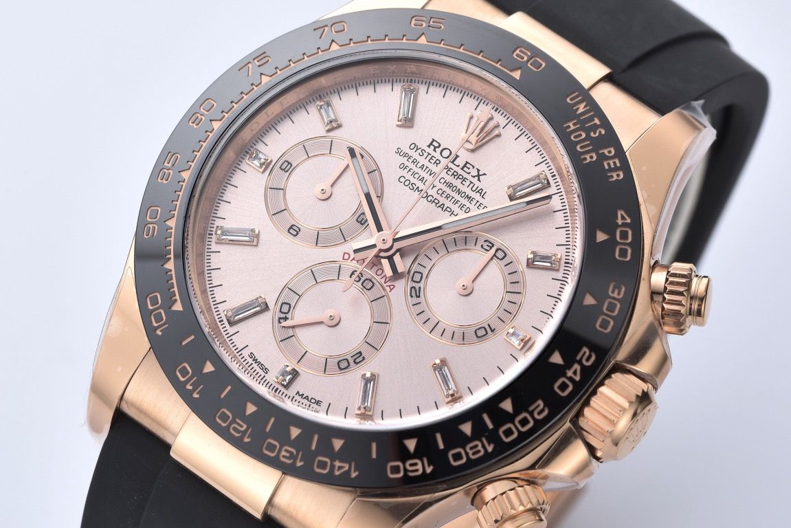 Clean Factory Rolex Daytona 116515LN-0006 40MM Rose Gold Rubber Strap Baguette Diamond Pink Dial