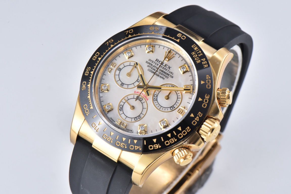 Clean Factory Rolex Daytona 116518LN 40MM Yellow Gold Rubber Strap Diamond Mop Mother Of Pearl Dial