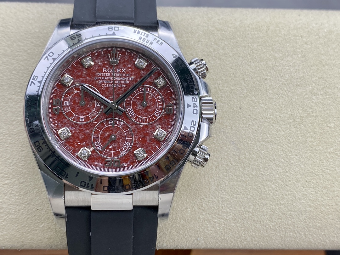 CLEAN Factory Rolex Daytona 116519 40MM White Gold Rubber Strap Diamond Red Dial