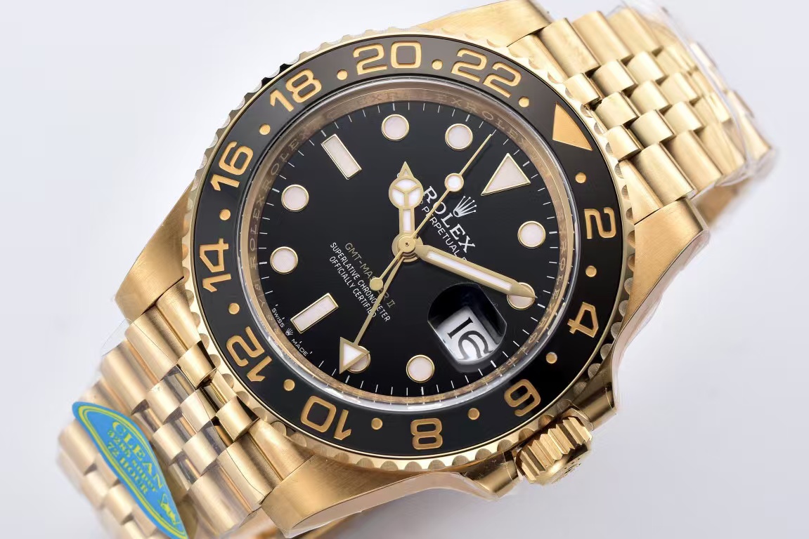 Clean Factory Rolex GMT-MASTER II 126718GRNR-0001 40mm Full Yellow Gold Black Dial Jubilee