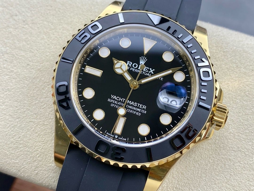 Clean Factory Rolex Yacht-Master 226658-0001 42mm Yellow Gold Rubber Strap Black Dial