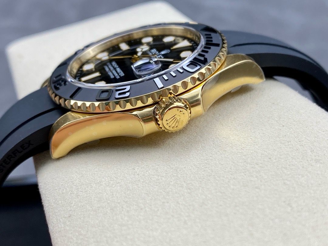 Clean Factory Rolex Yacht-Master 226658-0001 42mm Yellow Gold Rubber Strap Black Dial