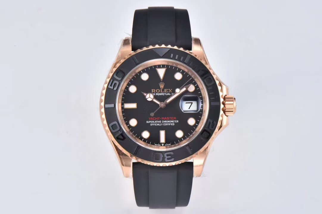 Clean Factory Rolex Yacht-Master 126655-0002 40mm Rose Gold Rubber Strap Black Dial
