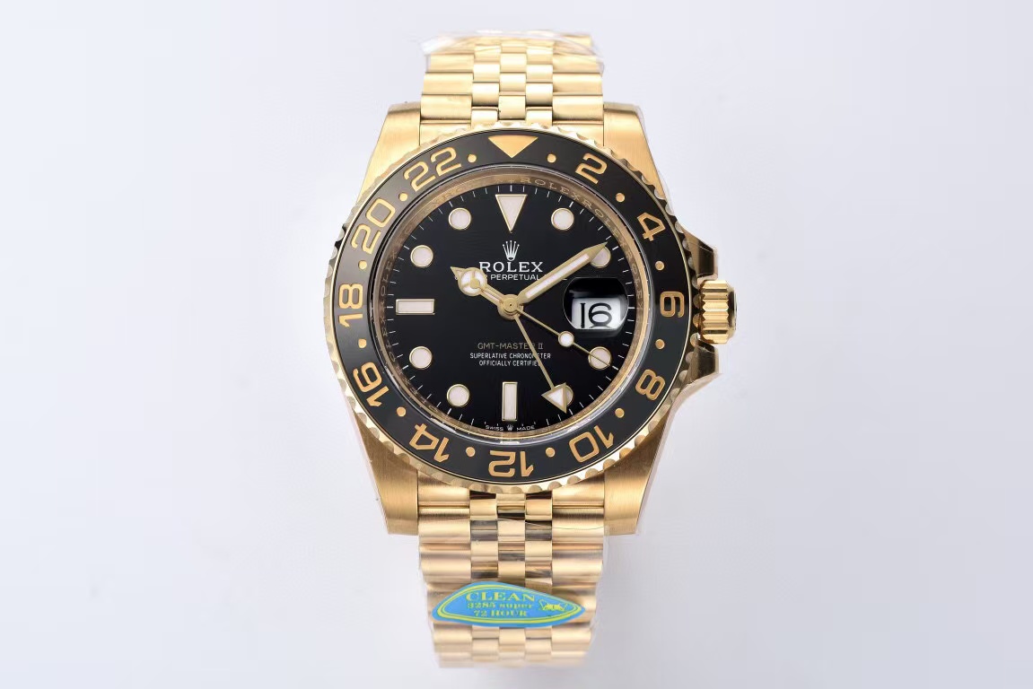 Clean Factory Rolex GMT-MASTER II 126718GRNR-0001 40mm Full Yellow Gold Black Dial Jubilee