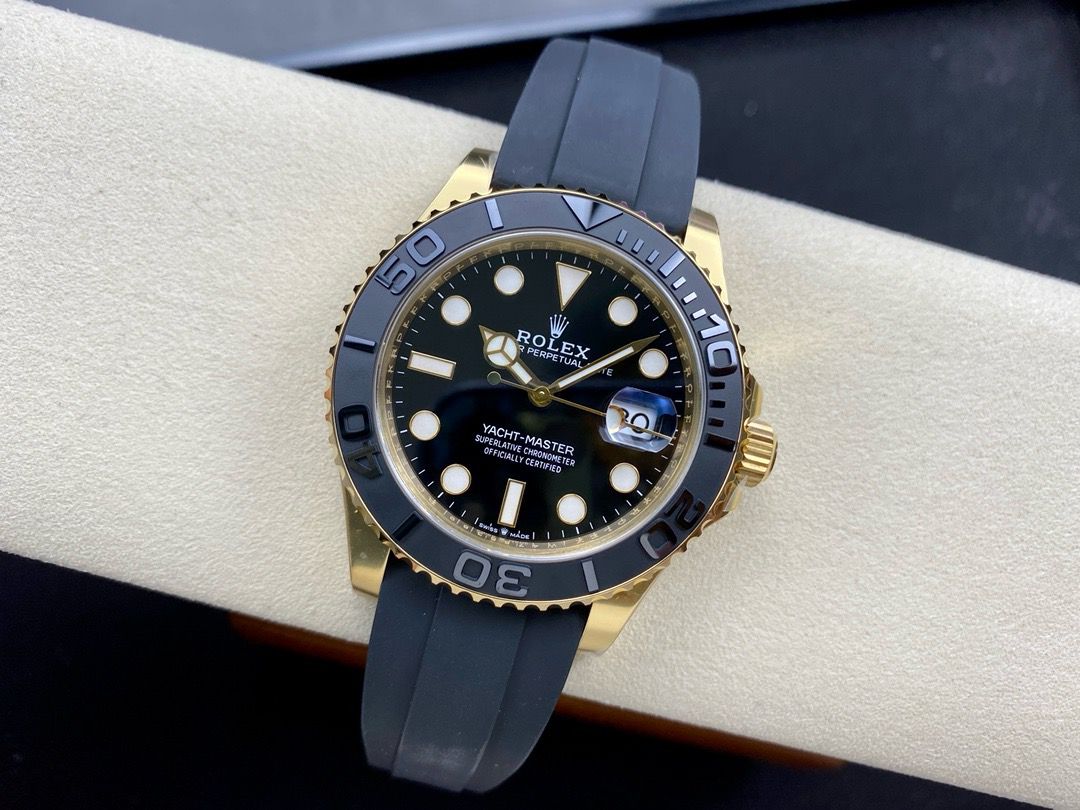 Clean Factory Rolex Yacht-Master 226658-0001 42mm Yellow Gold Rubber Strap Black Dial