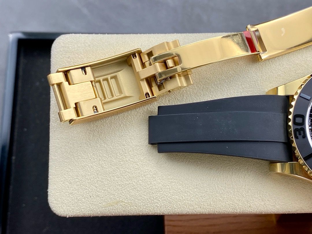 Clean Factory Rolex Yacht-Master 226658-0001 42mm Yellow Gold Rubber Strap Black Dial