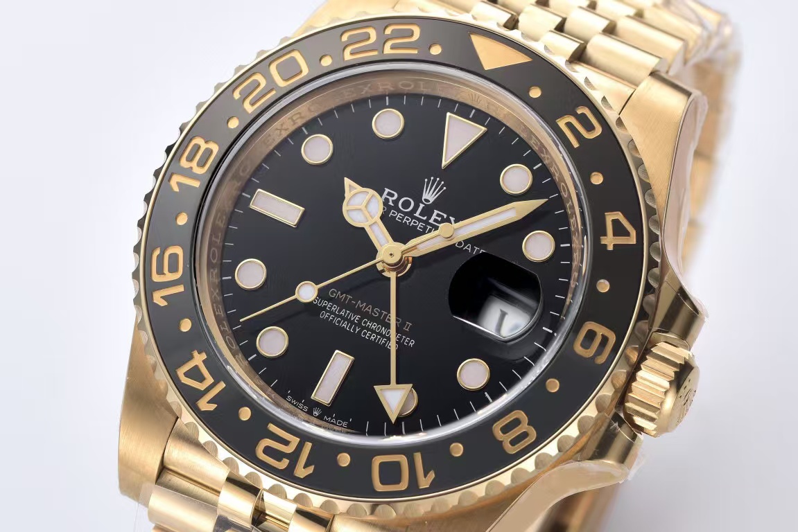 Clean Factory Rolex GMT-MASTER II 126718GRNR-0001 40mm Full Yellow Gold Black Dial Jubilee