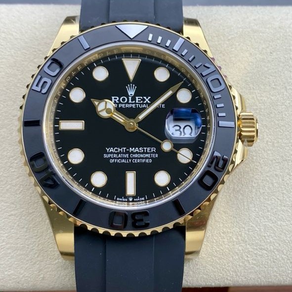 Clean Factory Rolex Yacht-Master 226658-0001 42mm Yellow Gold Rubber Strap Black Dial