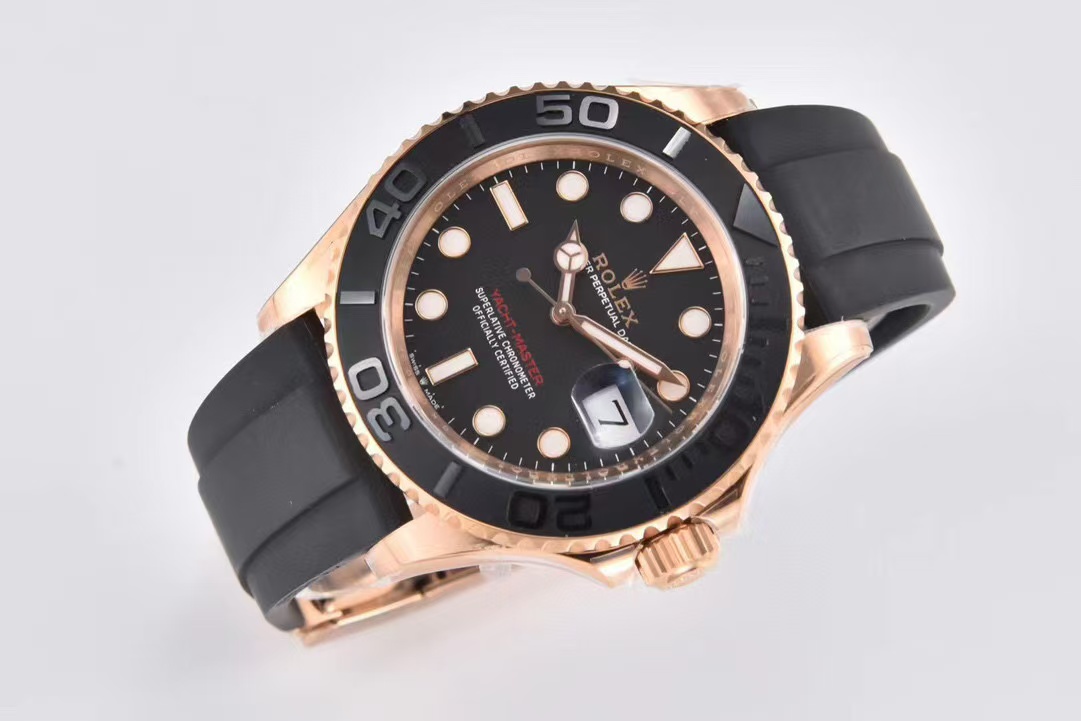 Clean Factory Rolex Yacht-Master 126655-0002 40mm Rose Gold Rubber Strap Black Dial