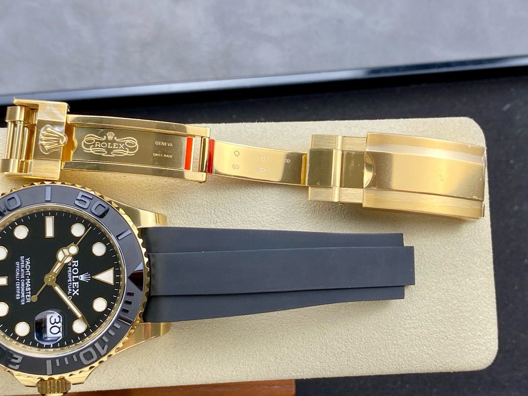 Clean Factory Rolex Yacht-Master 226658-0001 42mm Yellow Gold Rubber Strap Black Dial