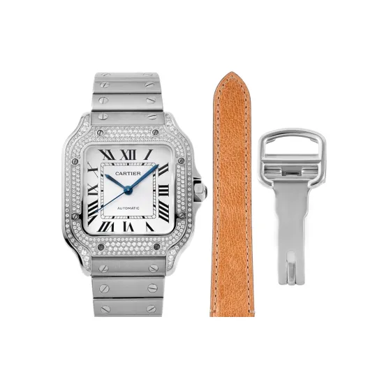 Cartier women's SANTOS Full Diamond 35.1MM*8.83MM Comes with quick-detachable leather strap