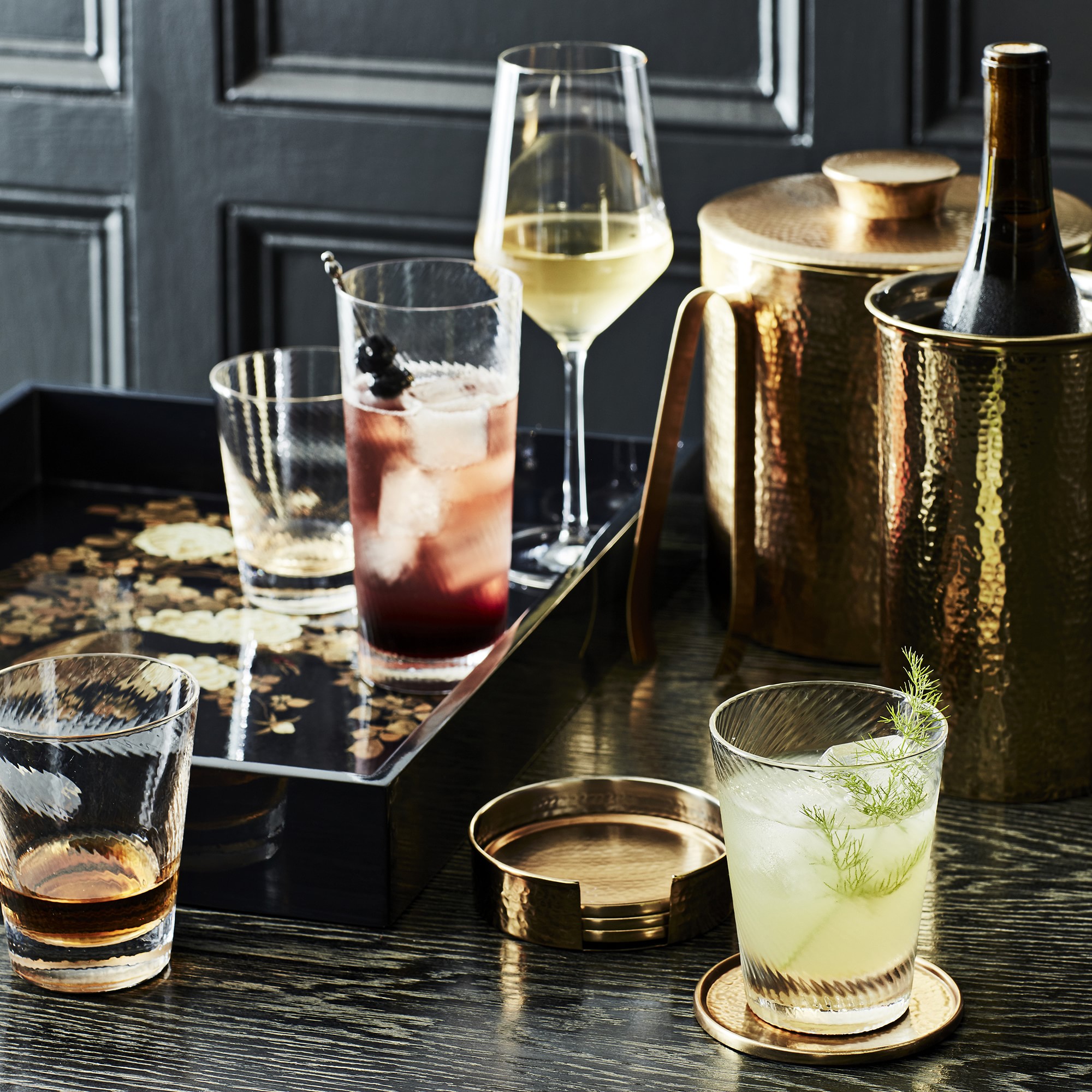 Antique Brass Hammered Coasters with Holder, Set of 4