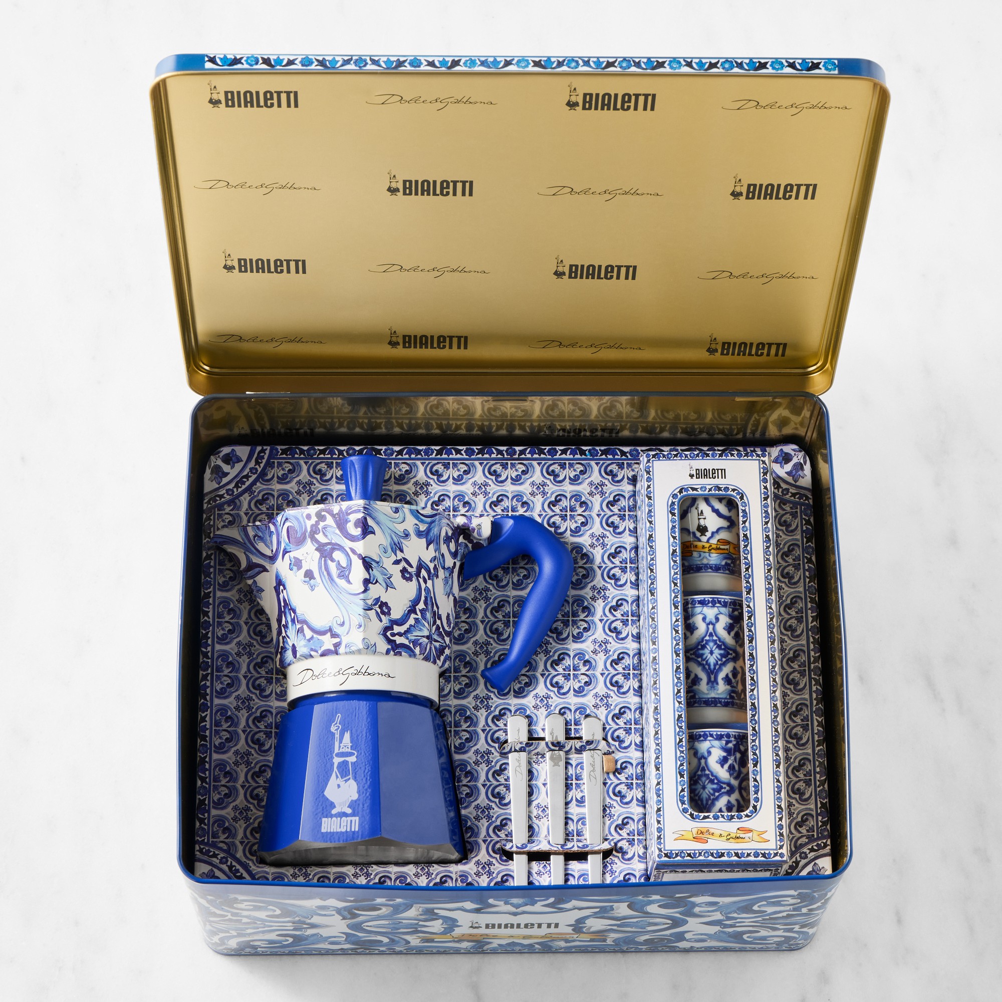 Bialetti Moka Dolce & Gabbana 6-Cup + 3 Espresso Cups & Stirrers Gift Set, Blu Mediterraneo