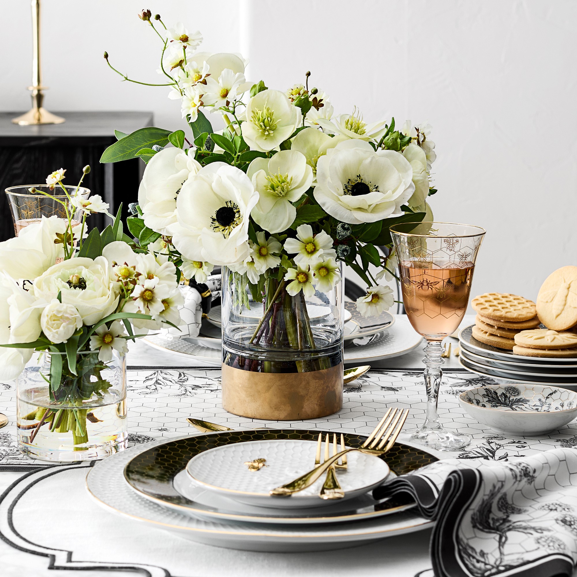 Honeycomb Faux Floral Arrangement, Gold Glass Vase