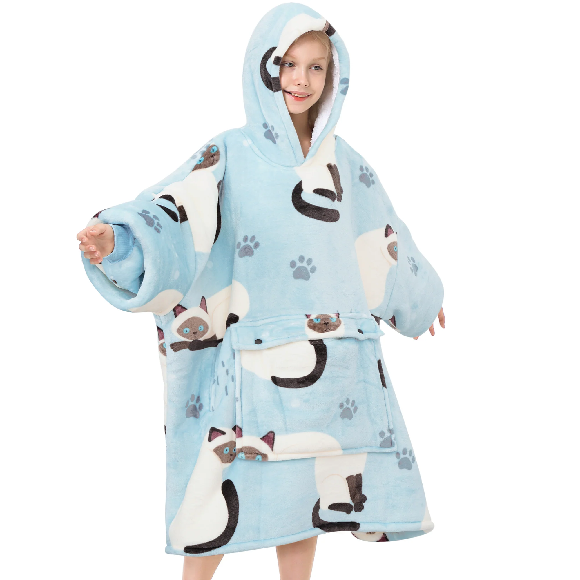 Blue Cat Blanket Hoodie Teen