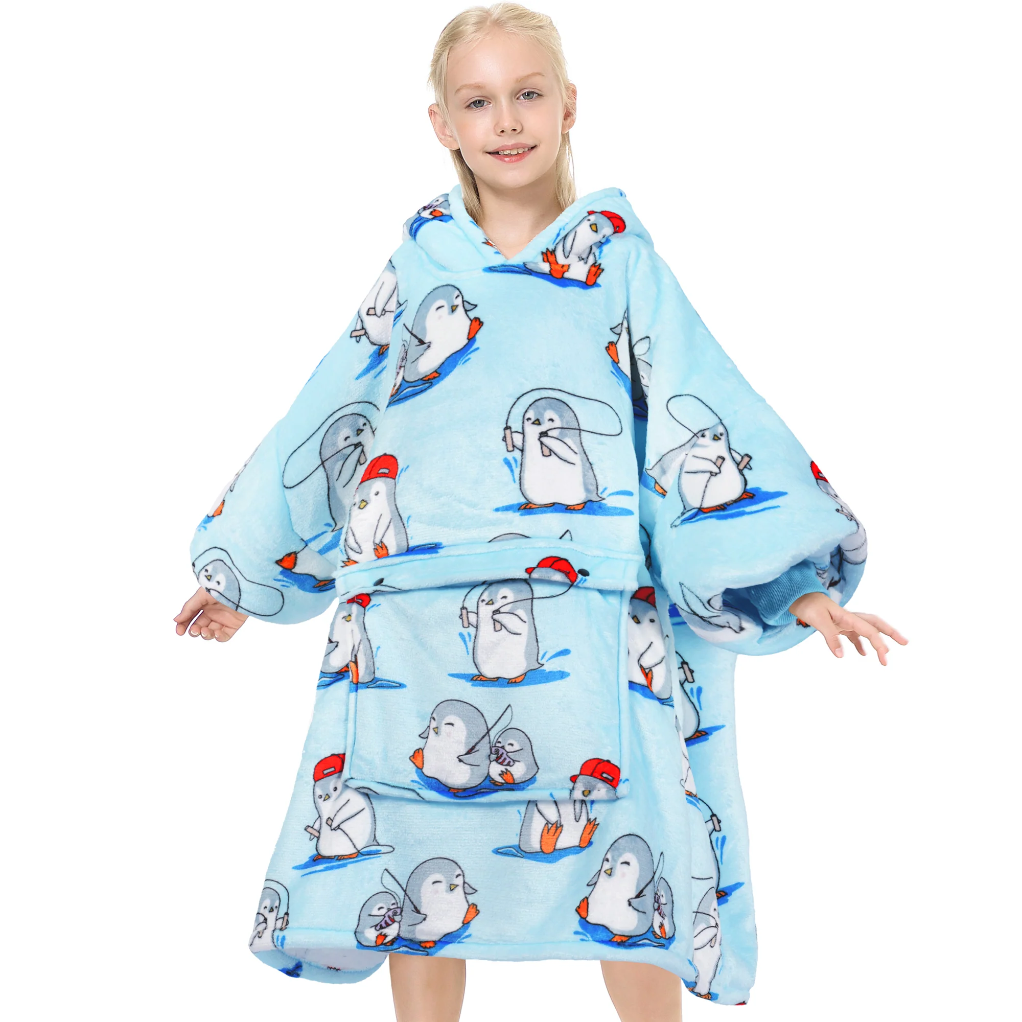 Blue Penguin Blanket Hoodie Teen