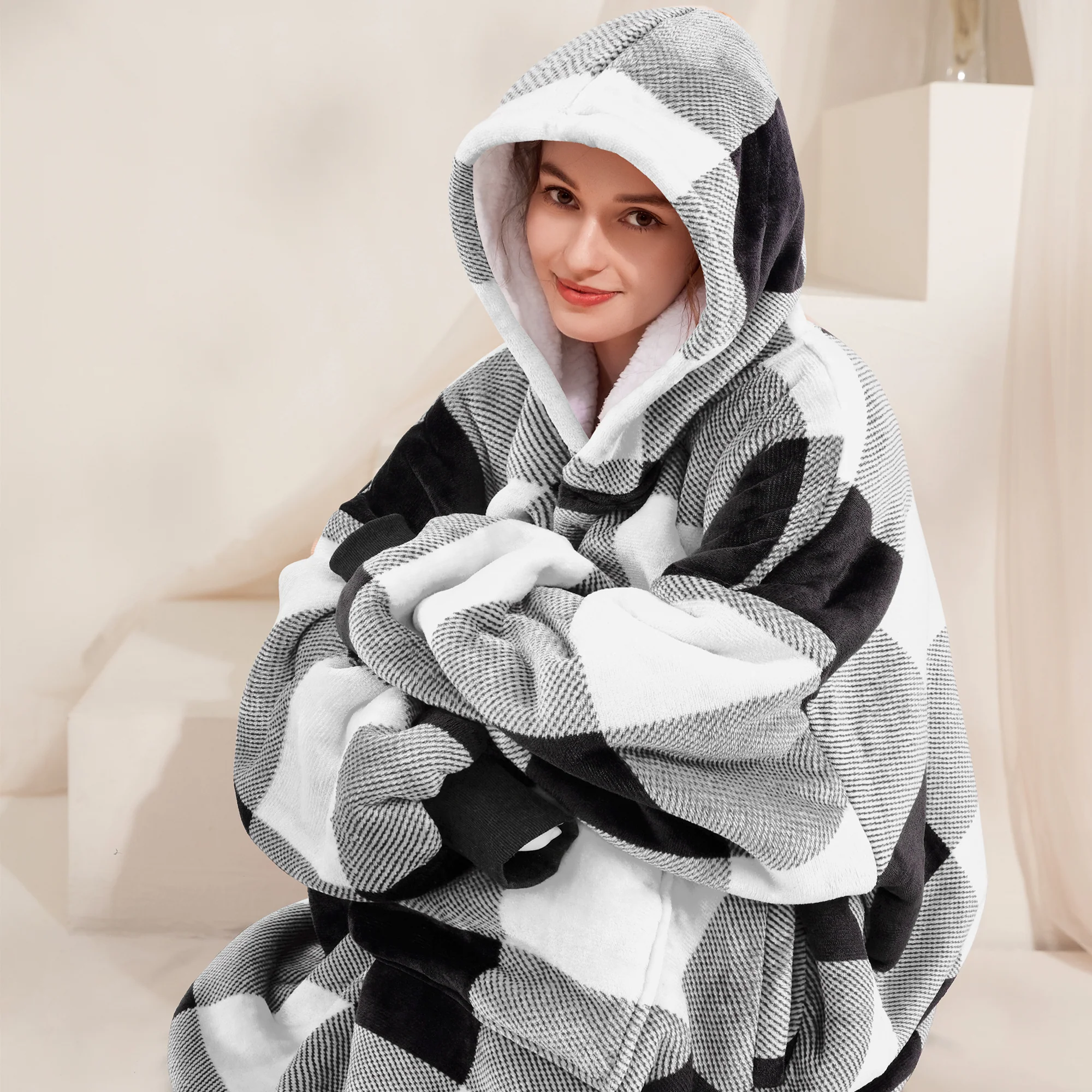 Grey Plaid Blanket Hoodie