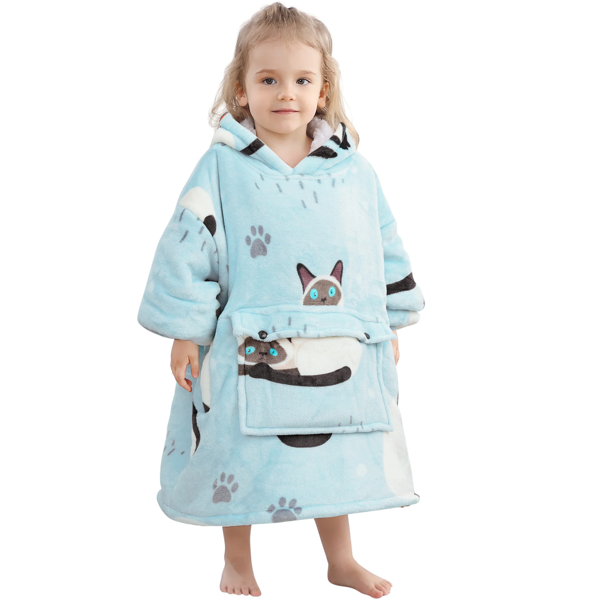 Blue Cat Blanket Hoodie Kids