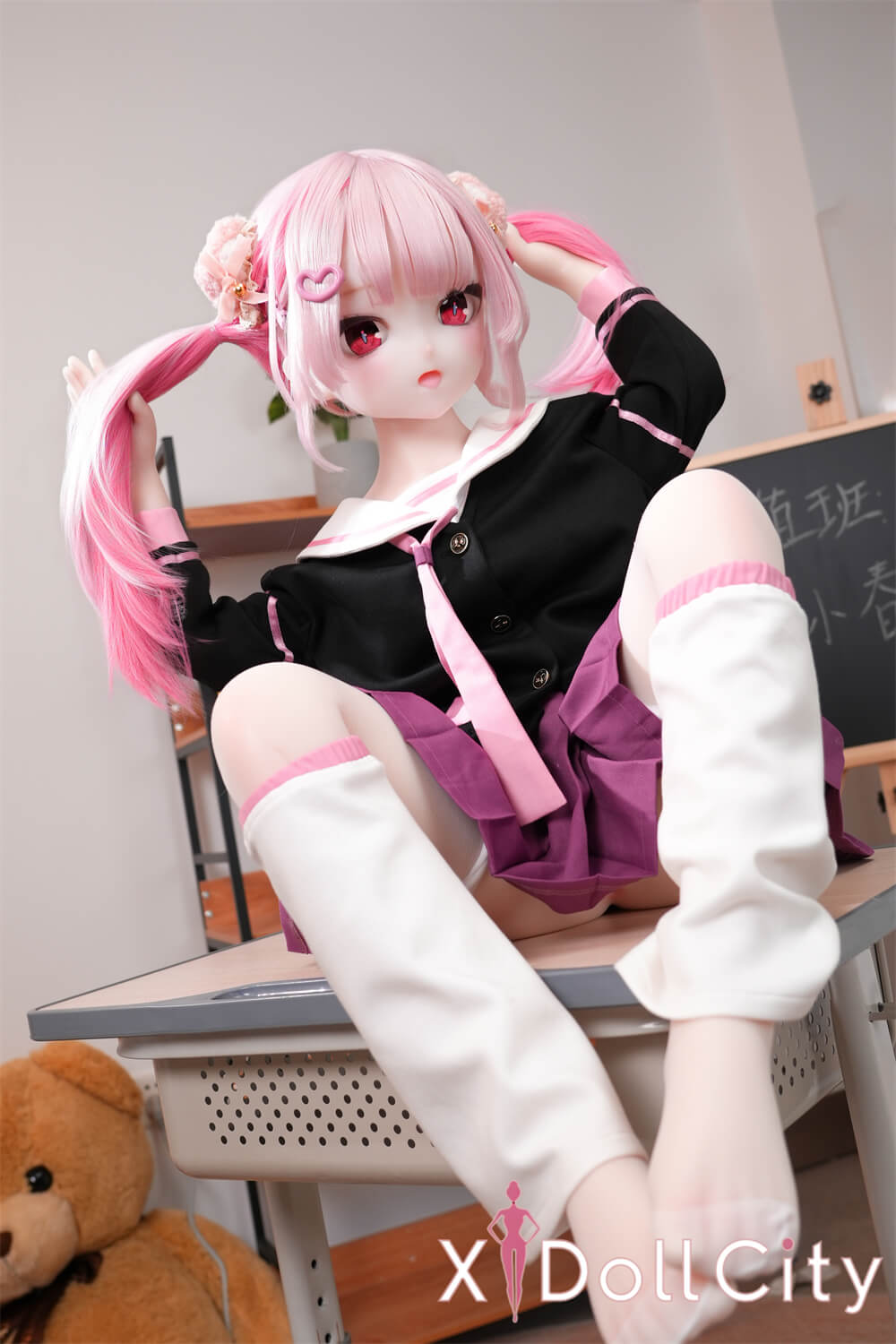 MW Girl(魔物姫) 17kg 小春ちゃん アニメドール 掲載画像はフルシリコン 肌色&眼球色&メイク&ウィッグ&衣装は宣材写真と同じ 成人スタイルラブドール 黒×ピンクのセーラー風制服