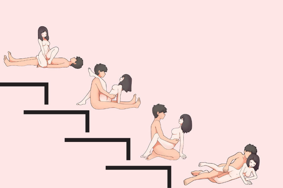 御所車体位 &rarr; 帆かけ茶臼 &rarr; 対面座位 &rarr; 横向き体位でエンディング