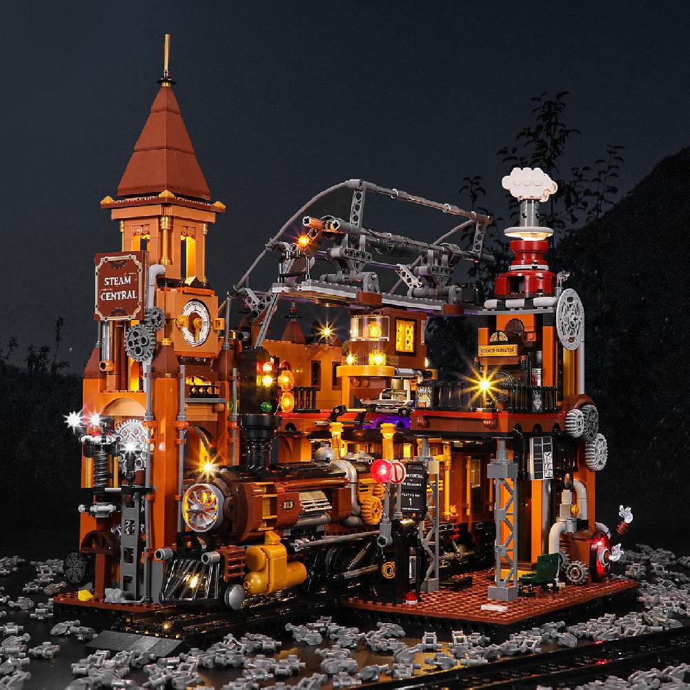 Steampunk Train Station Building Blocks Set with Illuminating LED Lights