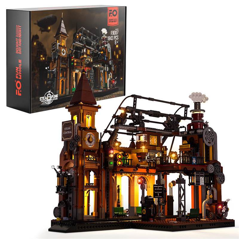 Steampunk Train Station Building Blocks Set with Illuminating LED Lights