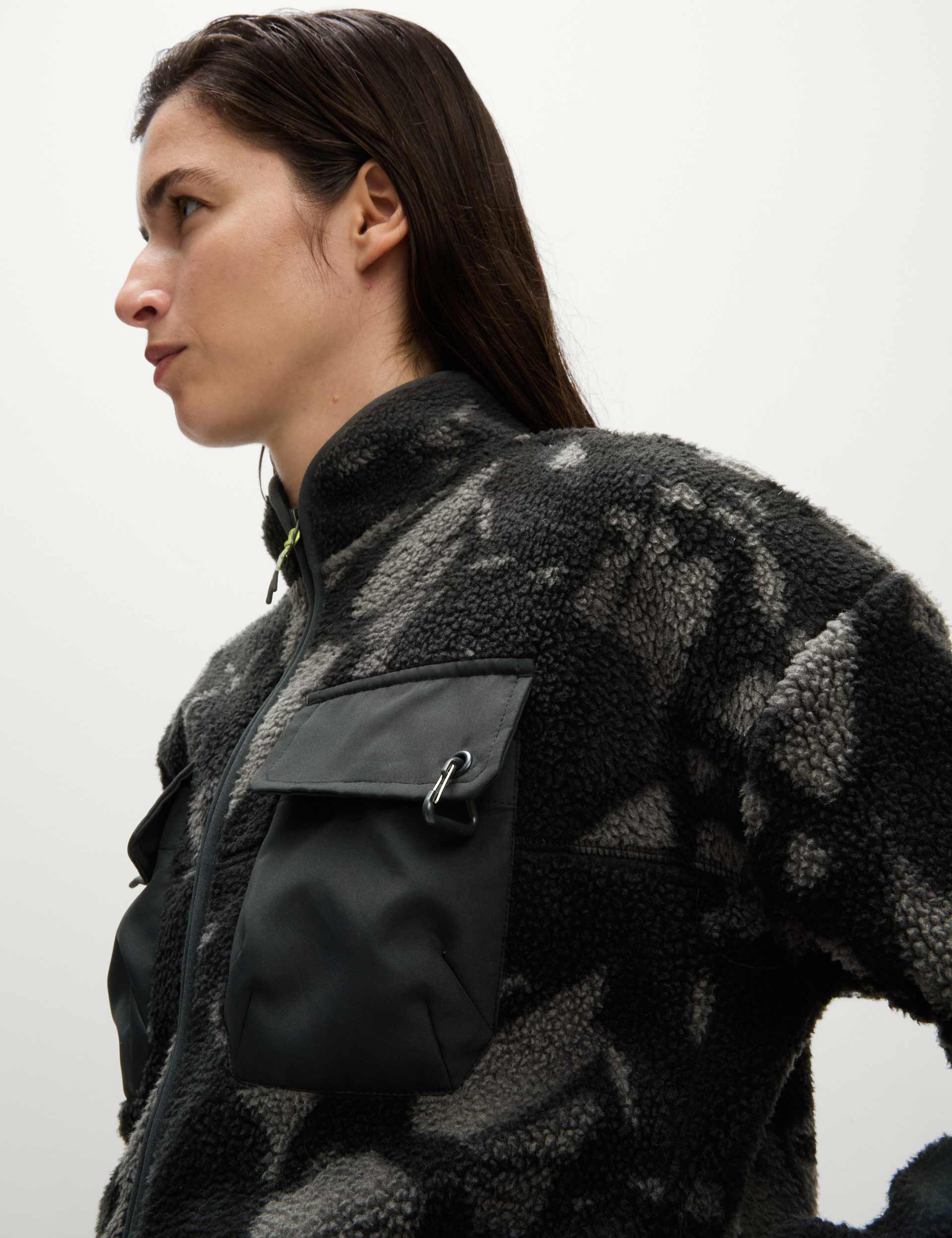 Borg Printed Funnel Neck Zip Up Fleece Jacket - Medium Grey Mix