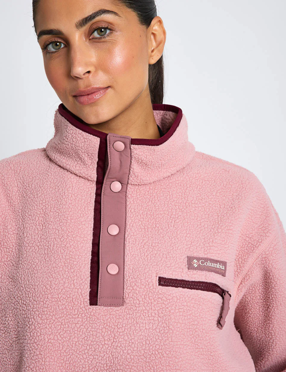 Helvetia II Cropped Sherpa Half Snap Fleece - Eraser Pink/Fig/Rich Wine