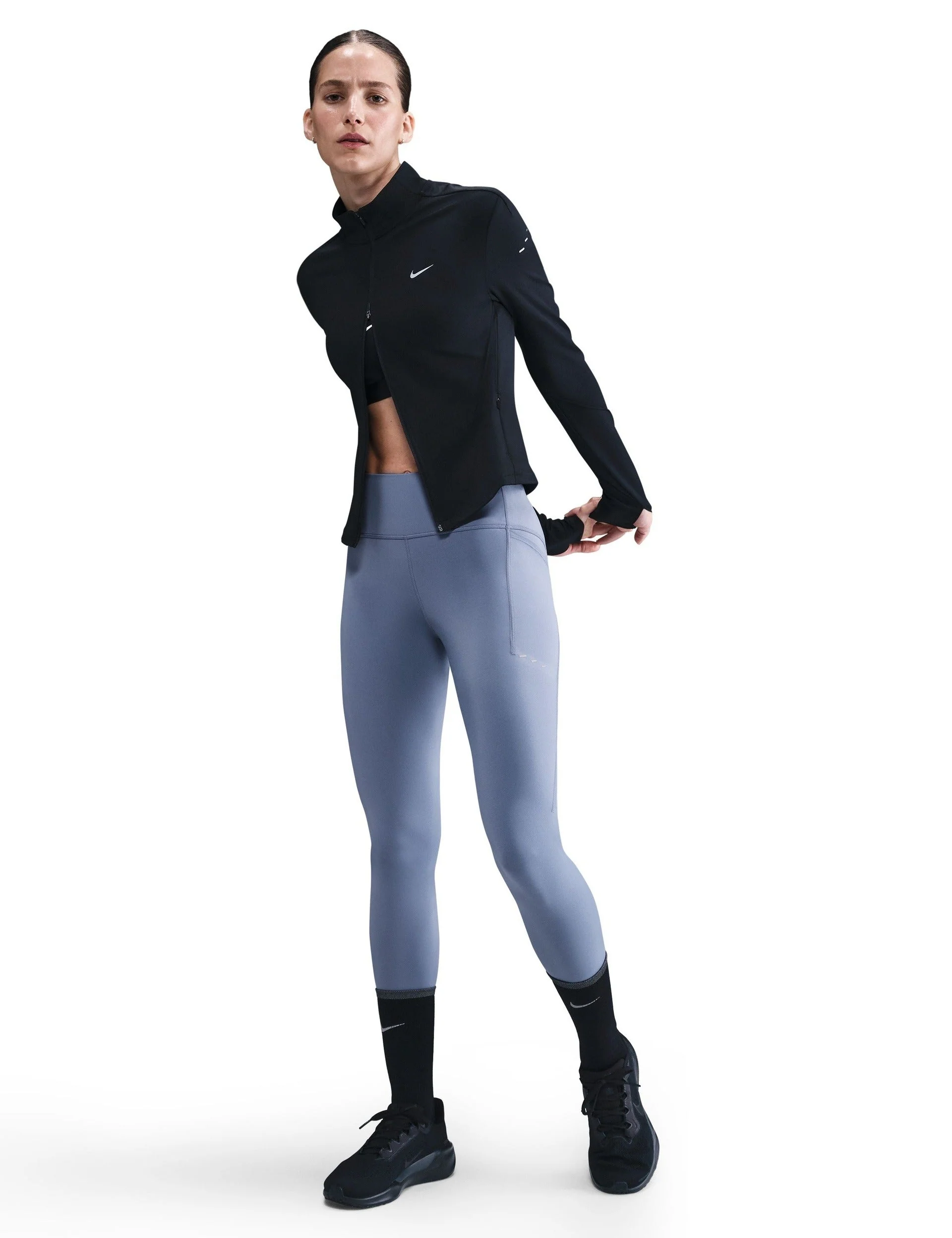 Swift High Waisted 7/8 Running Leggings with Pockets - World Indigo/Reflective Silver