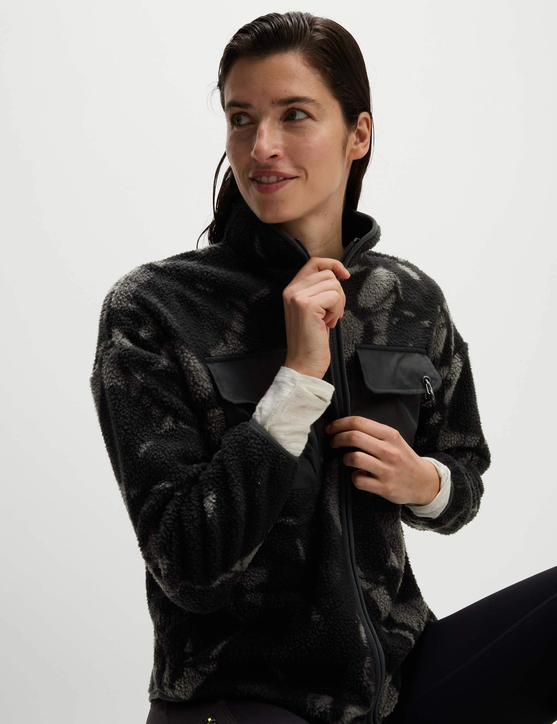 Borg Printed Funnel Neck Zip Up Fleece Jacket - Medium Grey Mix