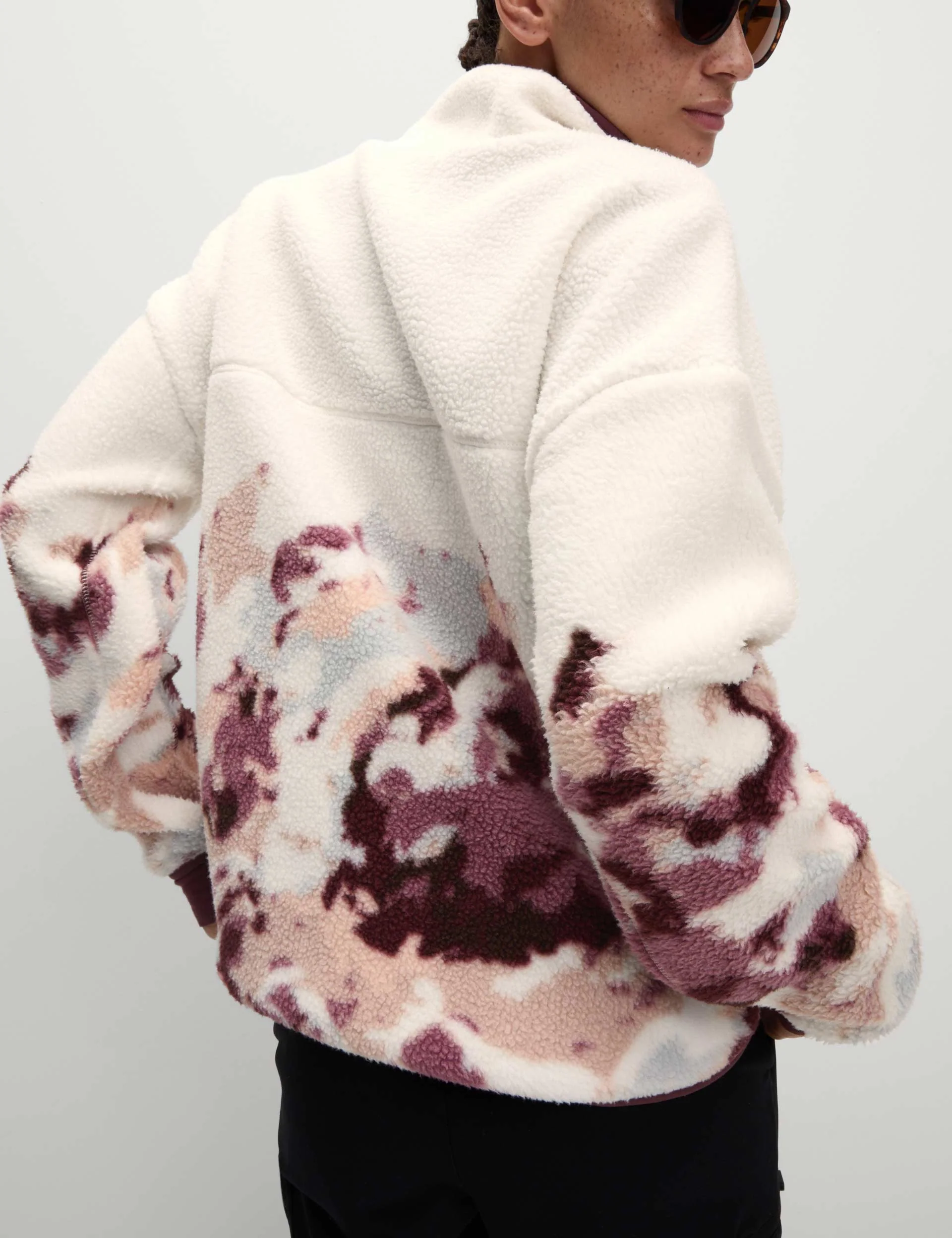Borg Printed Funnel Neck Zip Up Fleece Jacket - Ivory Mix