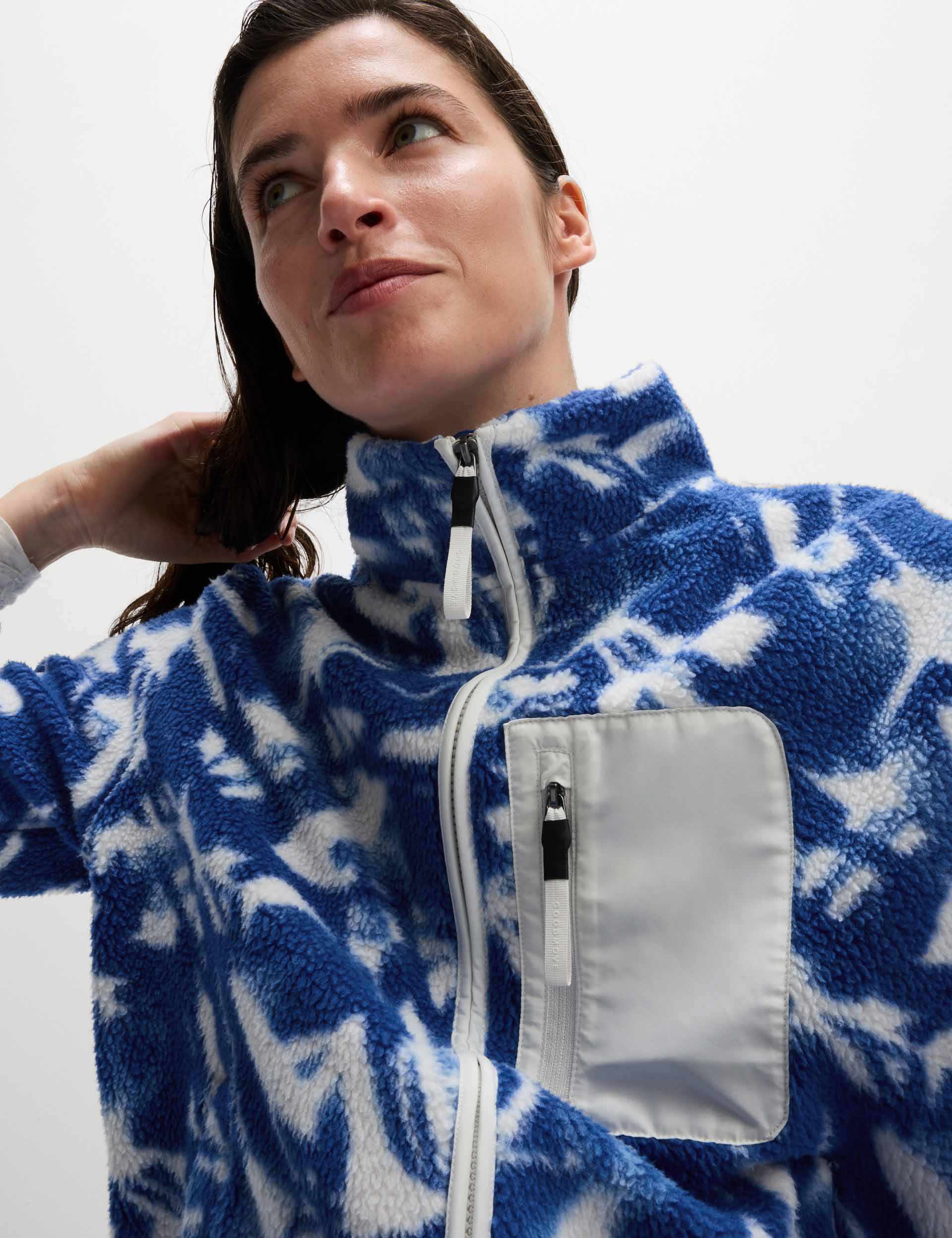 Borg Printed Funnel Neck Zip Up Fleece Jacket - Blue/White