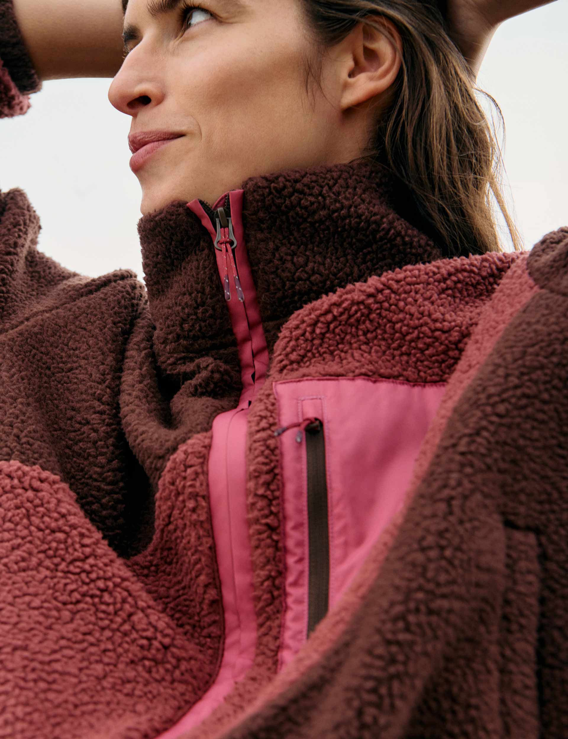 Borg Zip Up Funnel Neck Fleece - Dark Chocolate