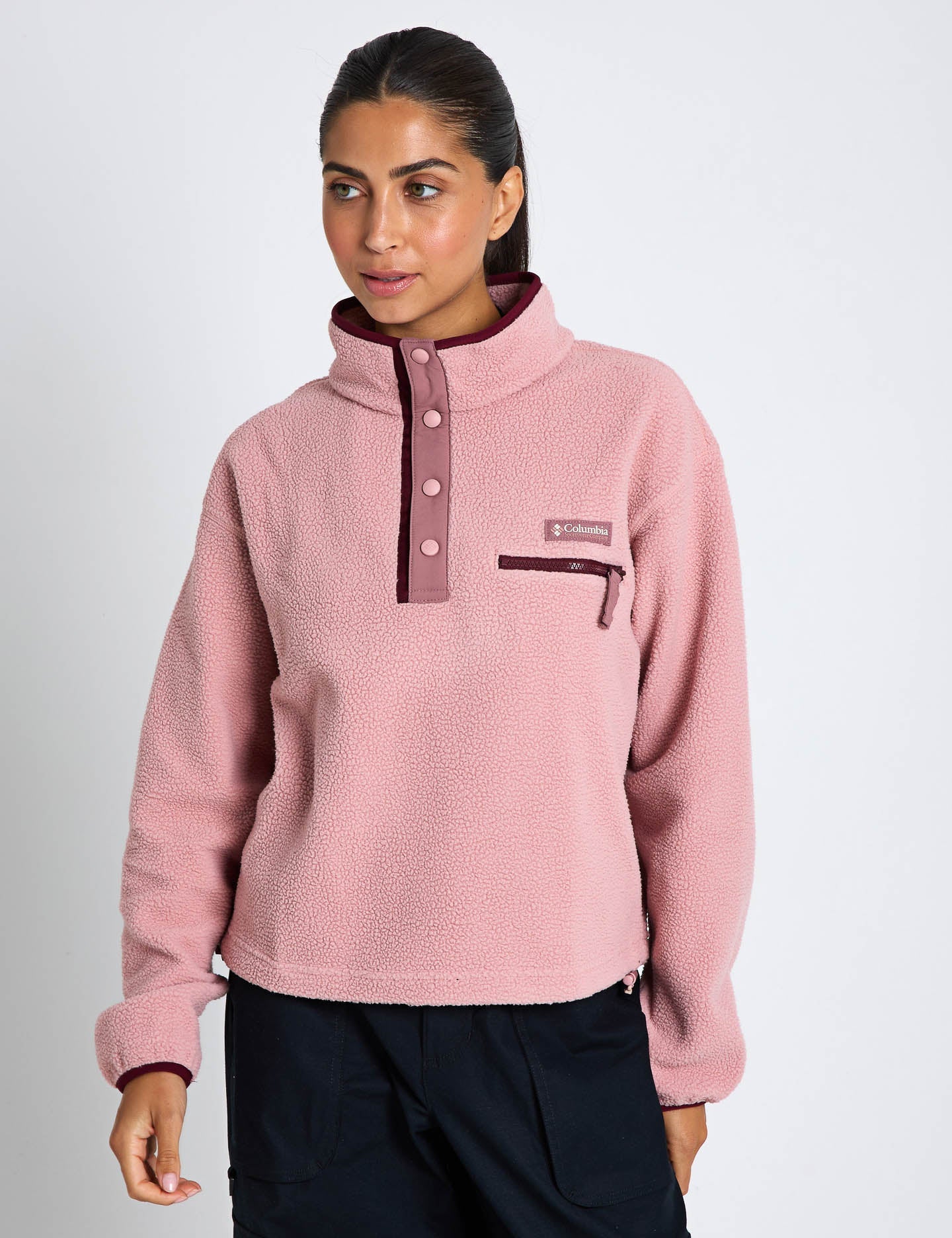 Helvetia II Cropped Sherpa Half Snap Fleece - Eraser Pink/Fig/Rich Wine