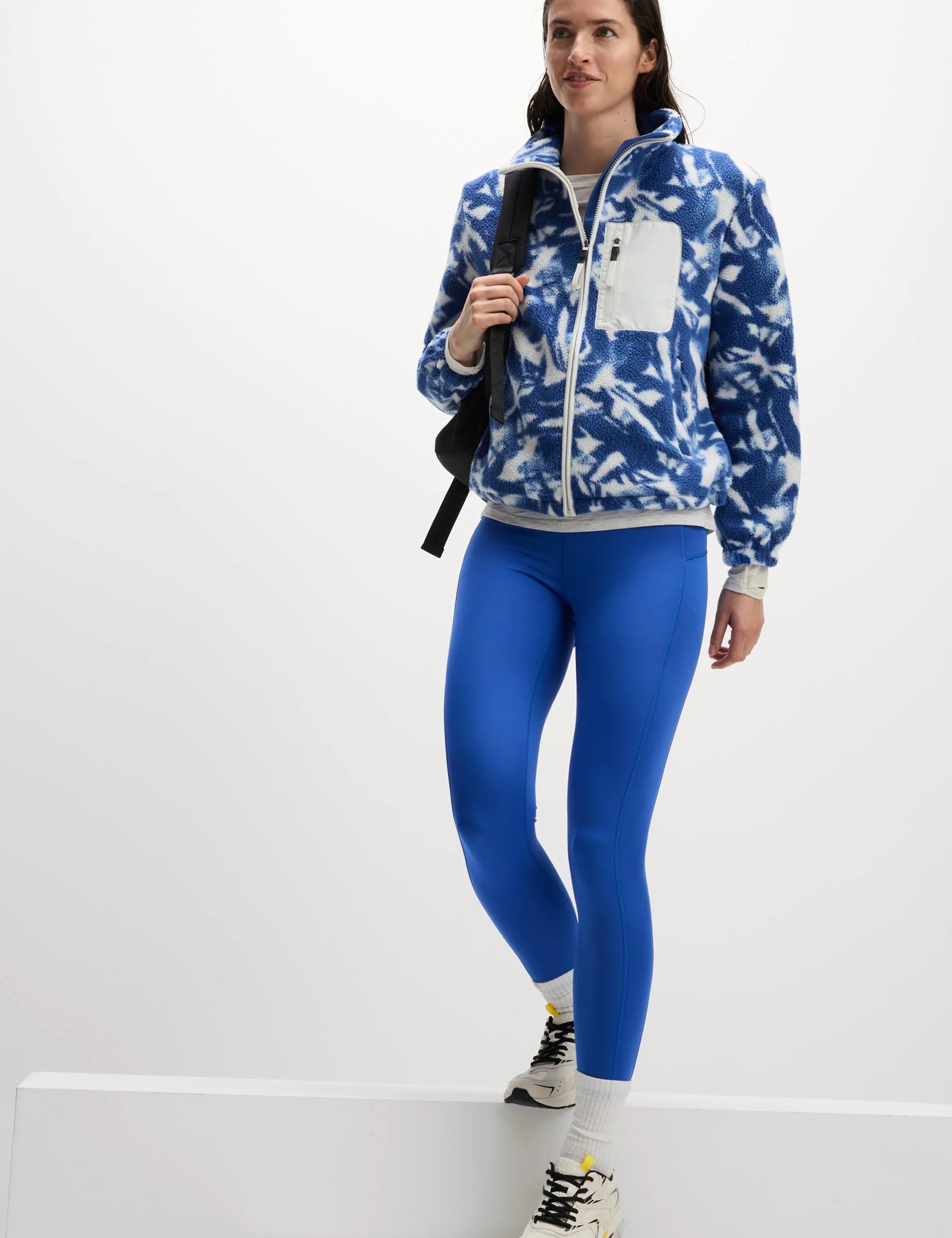 Borg Printed Funnel Neck Zip Up Fleece Jacket - Blue/White