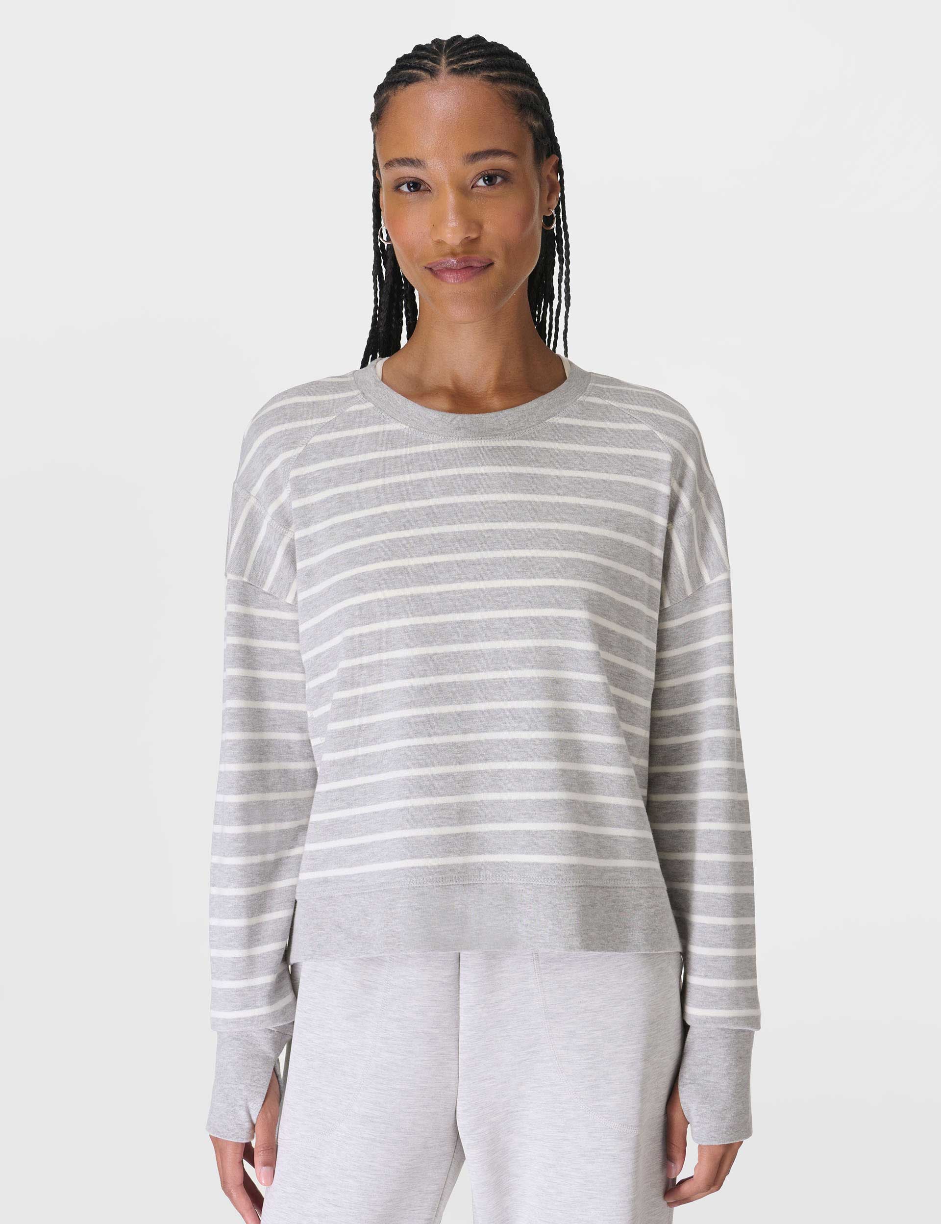 After Class Crop Sweatshirt - Lily White Light Grey Marl Stripe