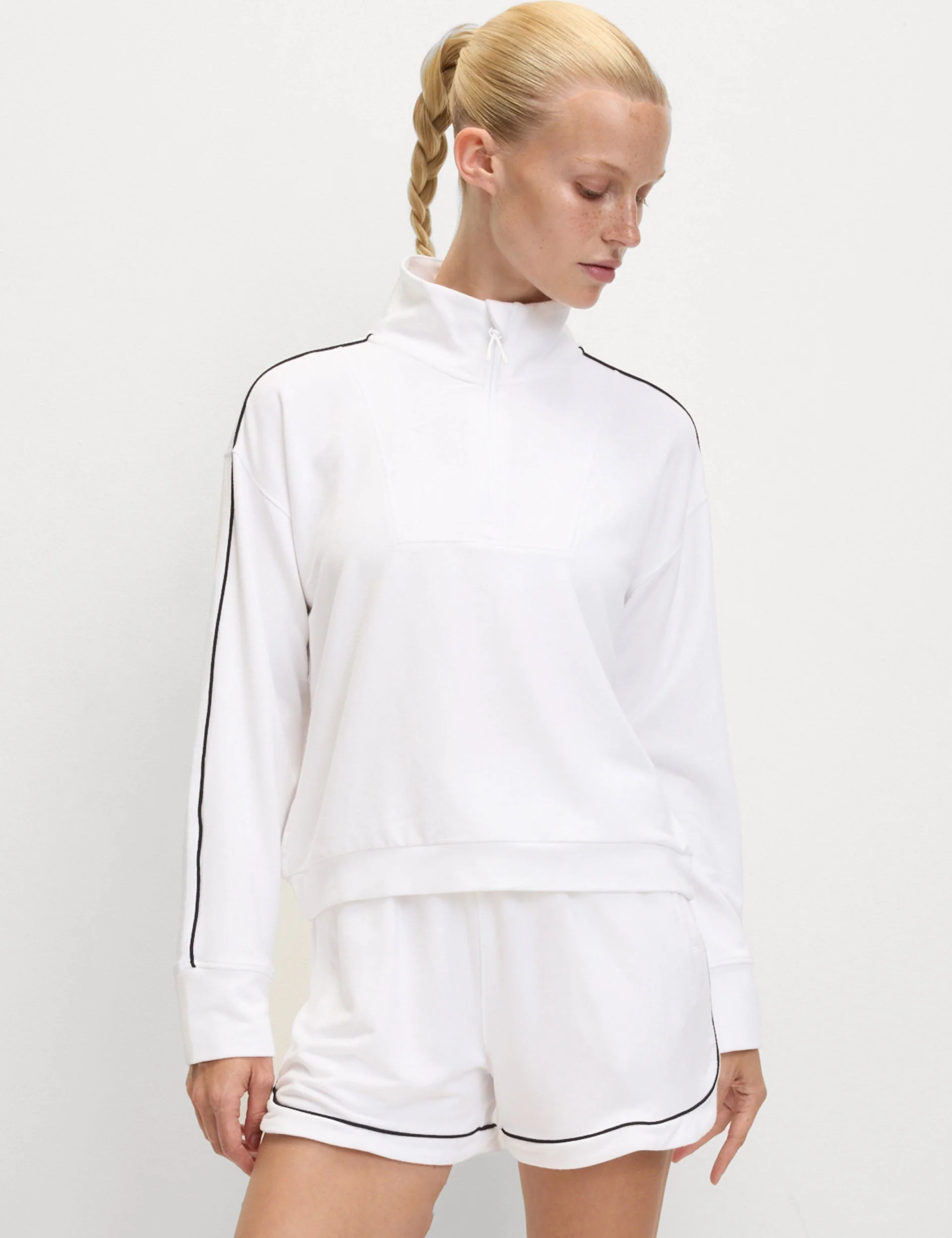 Modal Rich Funnel Neck Half Zip Top - White
